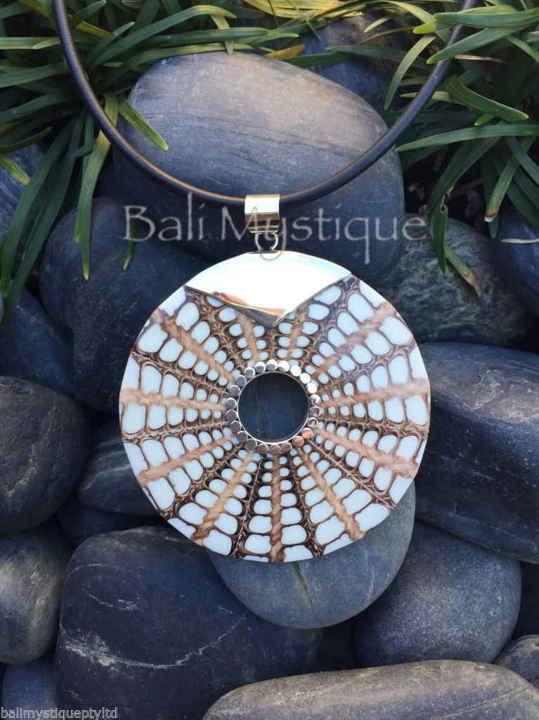 Balinese White Spider Shell Round Pendant with Sterling Silver 925 Clasp