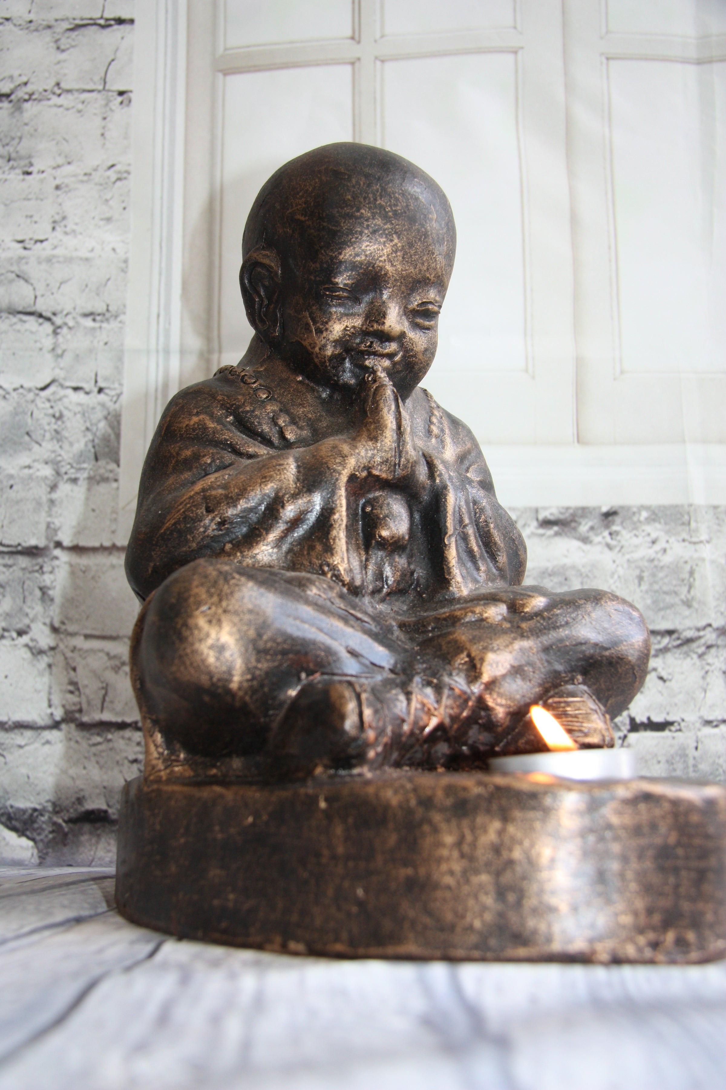 Terracotta Praying Monk Candle Holder
