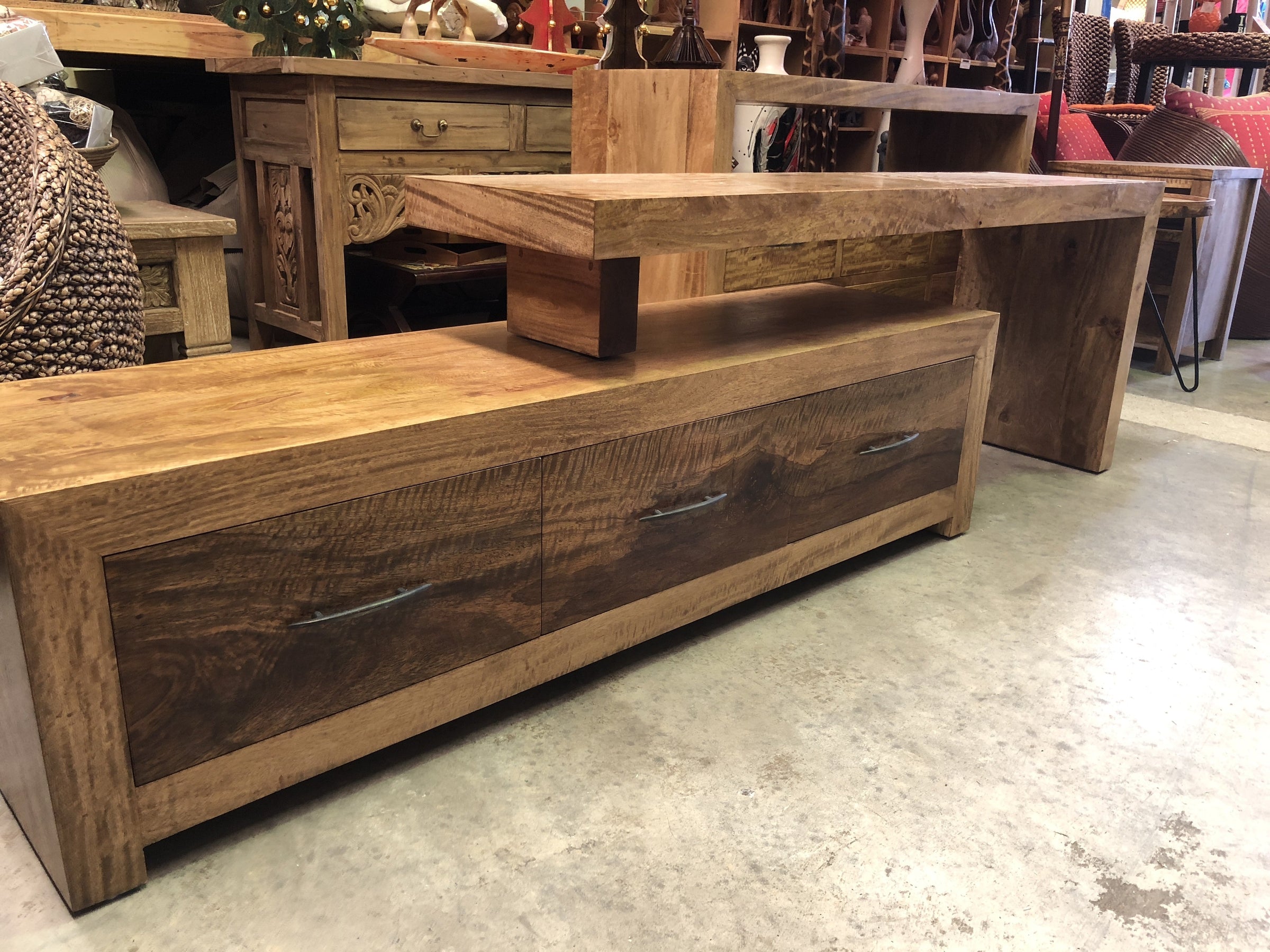Fruitwood L Shape Low Line TV Cabinet with 3 Drawers
