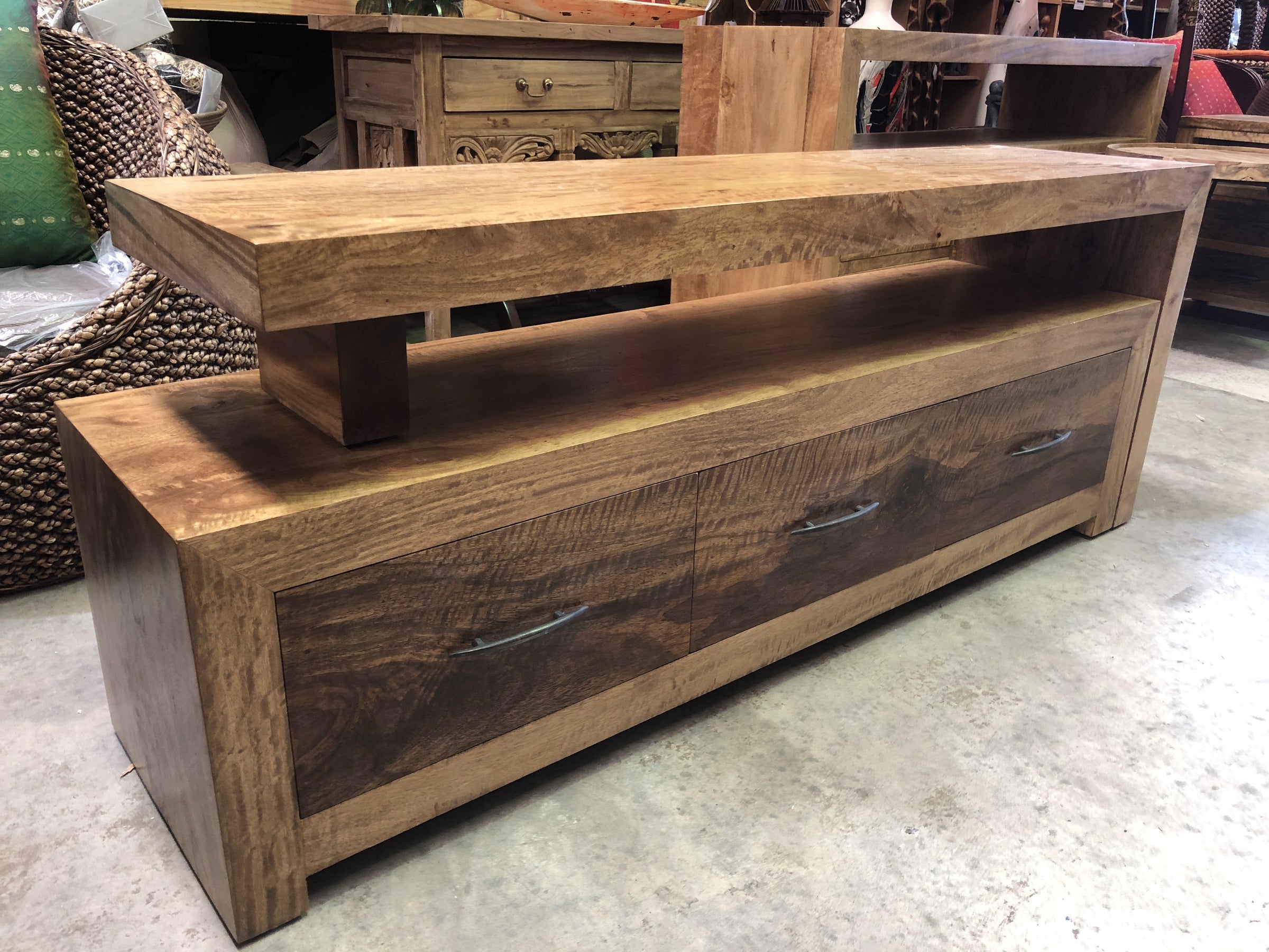 Fruitwood L Shape Low Line TV Cabinet with 3 Drawers