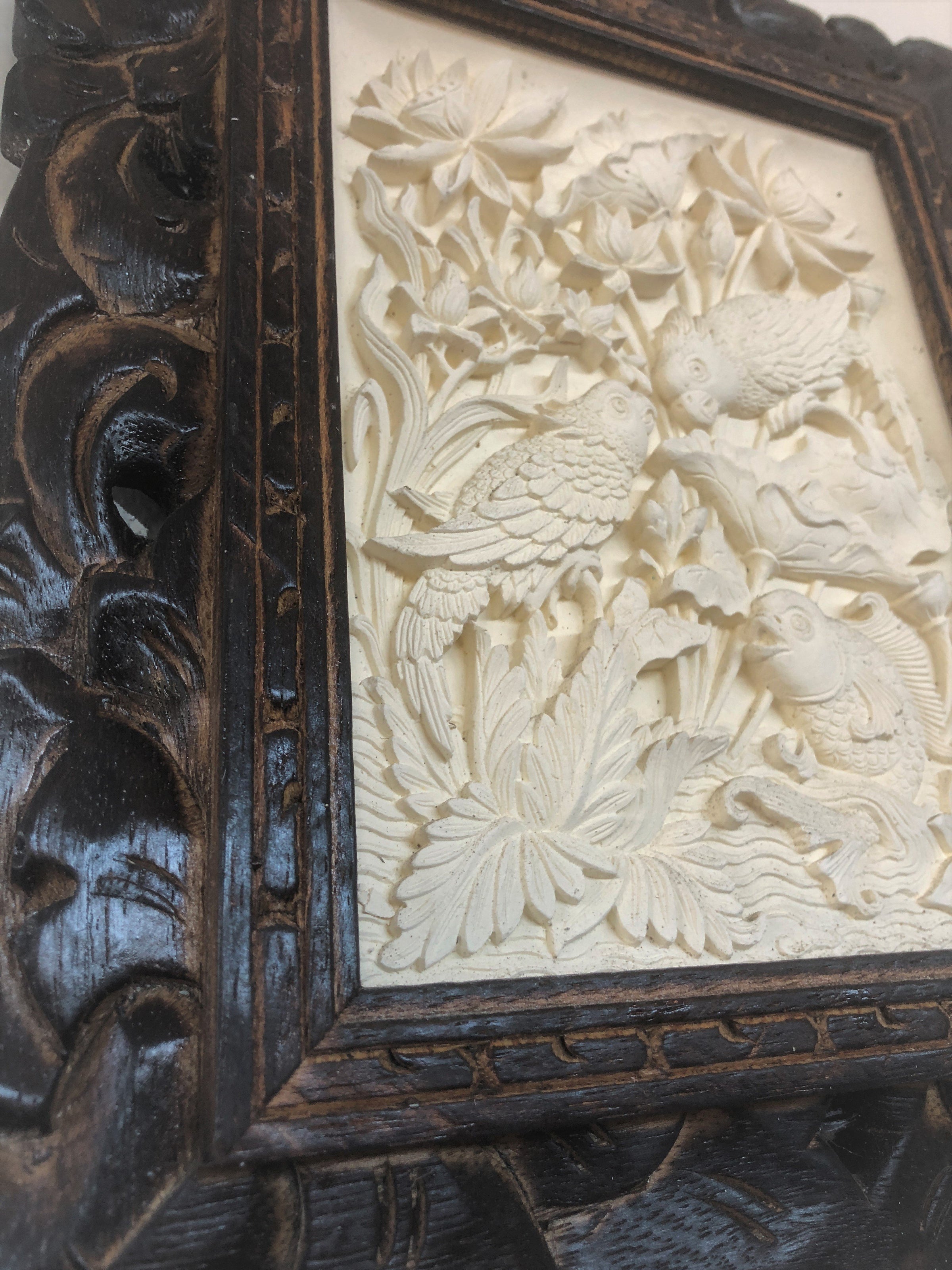 Carved Limestone Tile in wooden Frame