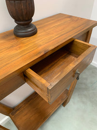 Teak Console Hallway Table with Curved Legs and Drawer