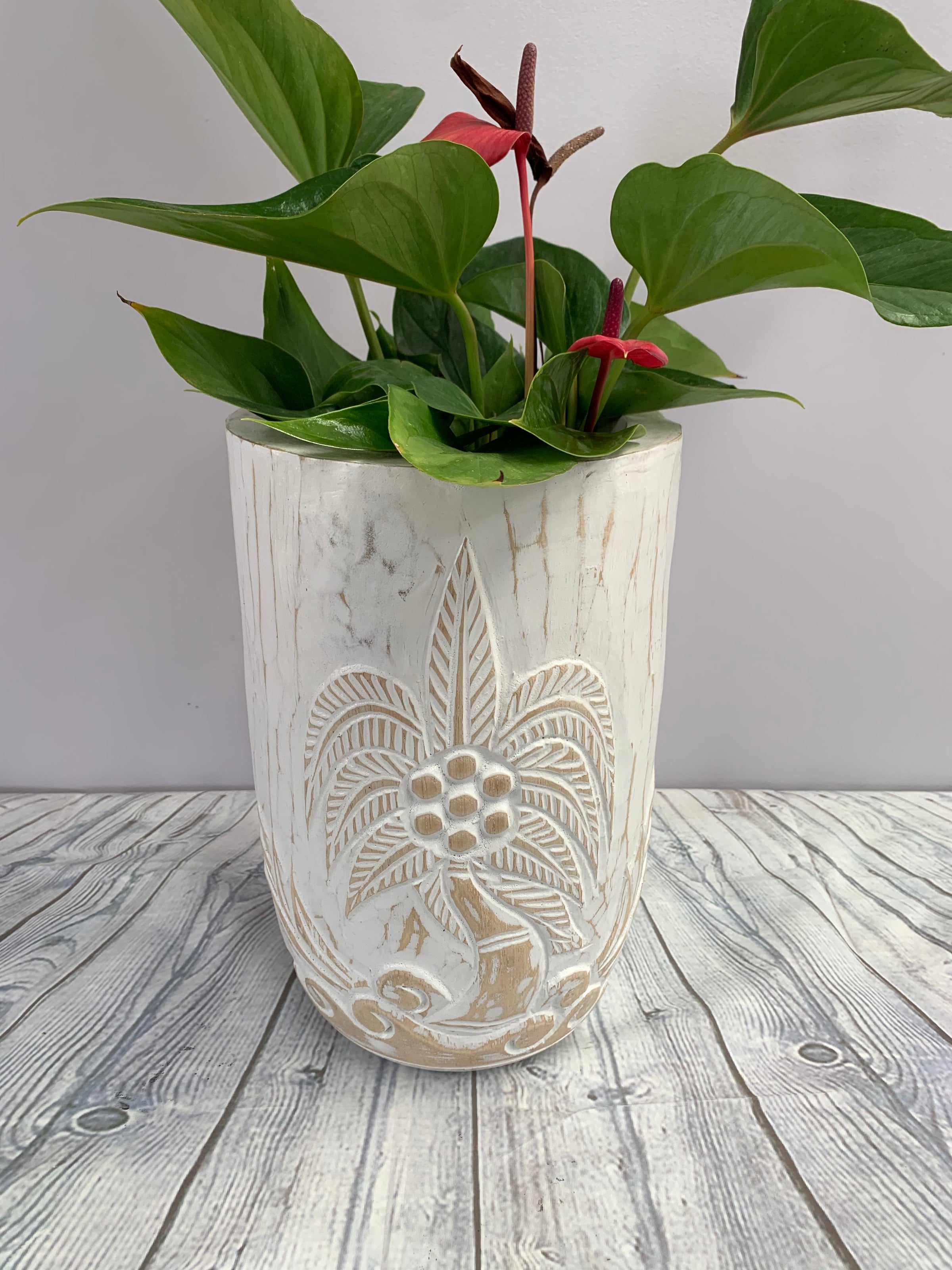 Hand Carved Tropical Palm Pot