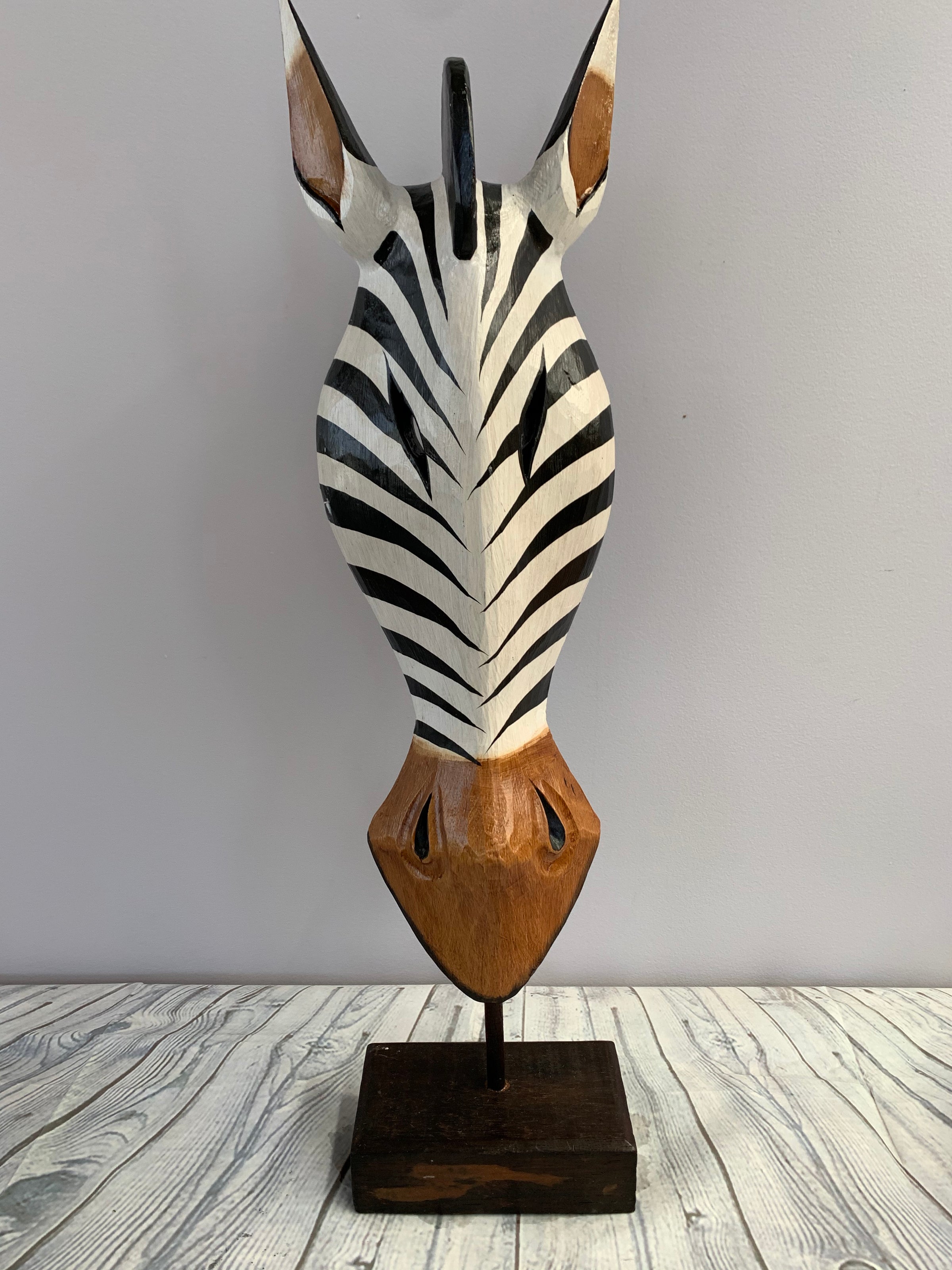 Hand Carved Tribal Zebra Mask on Stand