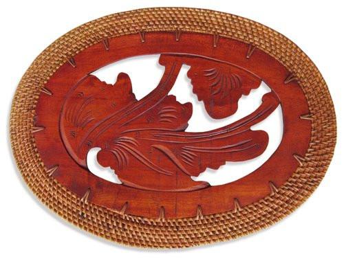 Balinese Carved Timber Oval Placemat with a Rattan Edge