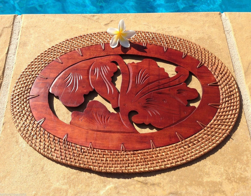 Balinese Carved Timber Oval Placemat with a Rattan Edge