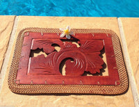 Balinese Rectangle Carved Timber Placemat with a Rattan Edge from Bali