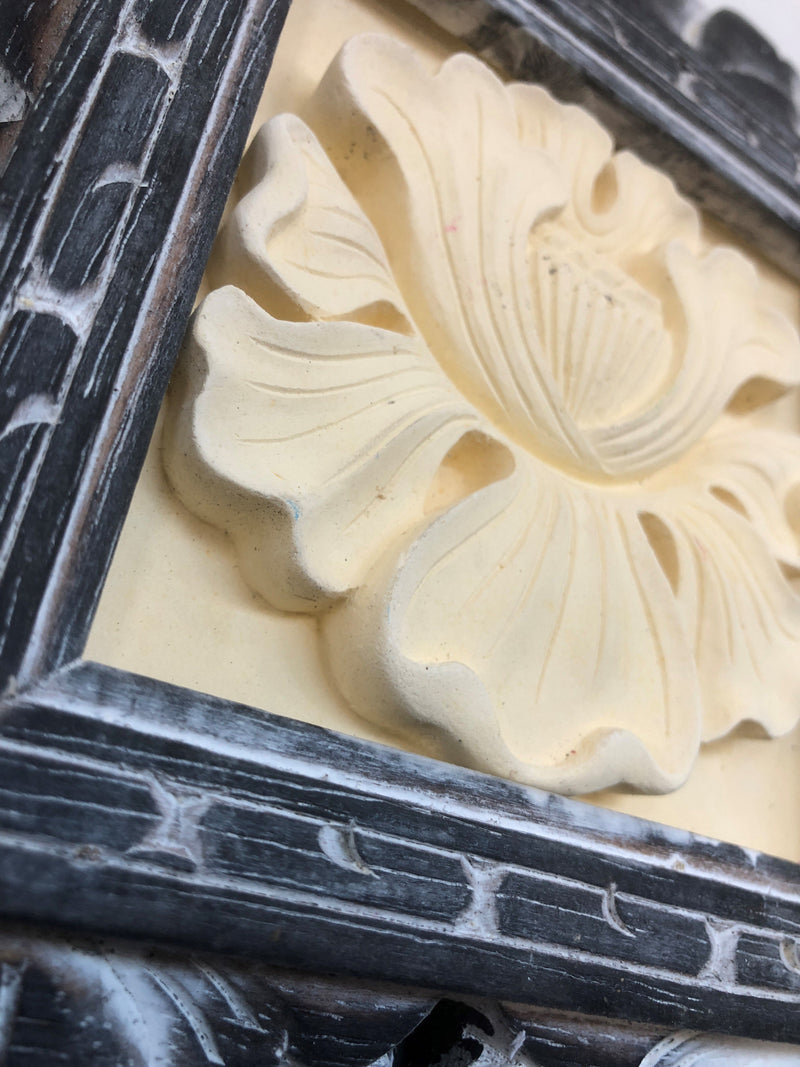 Balinese Hand Carved Limestone Flower Wall Tile in Timber Frame