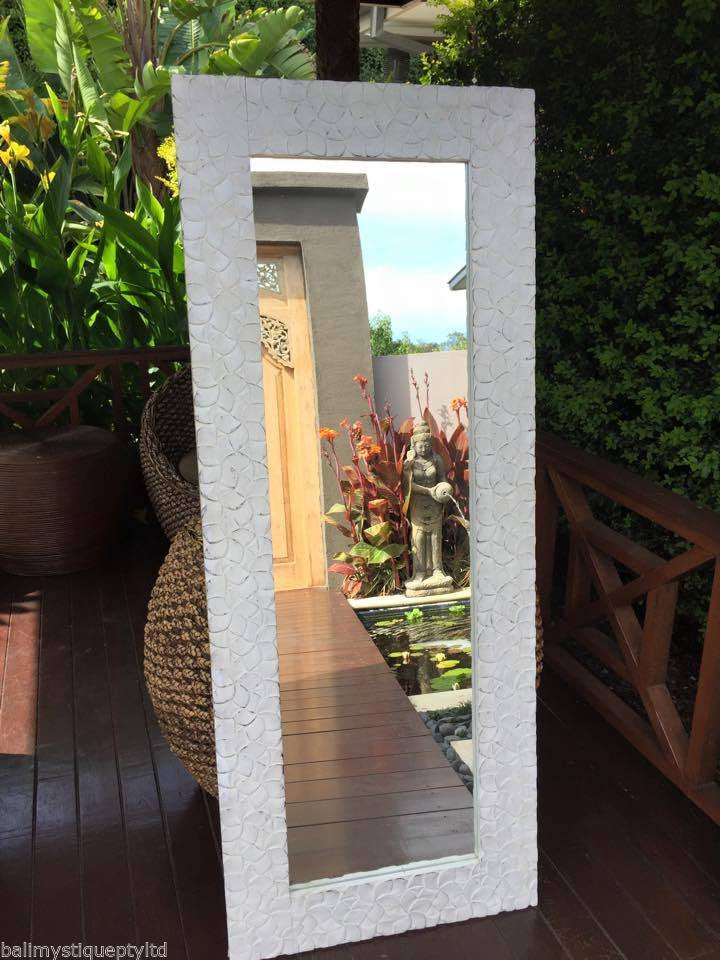 Large Balinese White Timber Mirror Frangipani Design