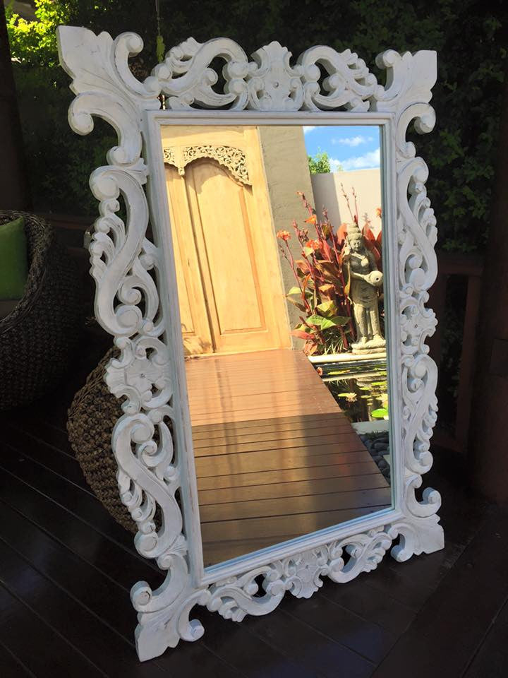 Balinese Carved Timber French Hamptons Whitewash Mirror