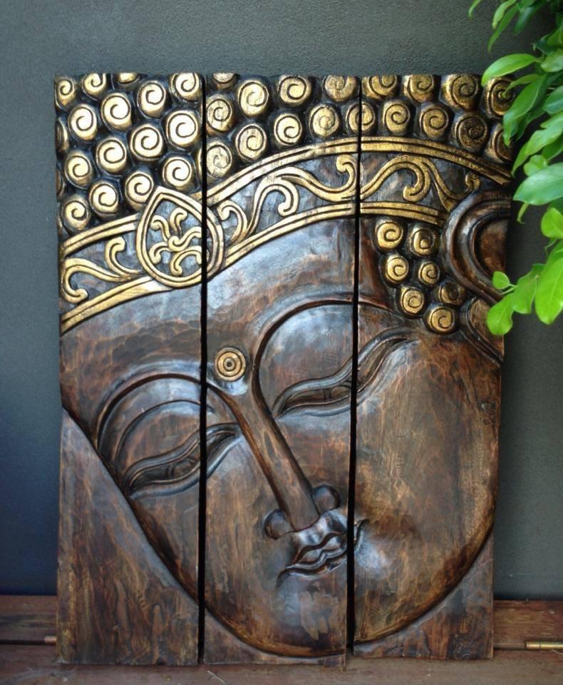 Balinese Hand Carved Split Face Buddha Wood Carving Panel Wall Plaque