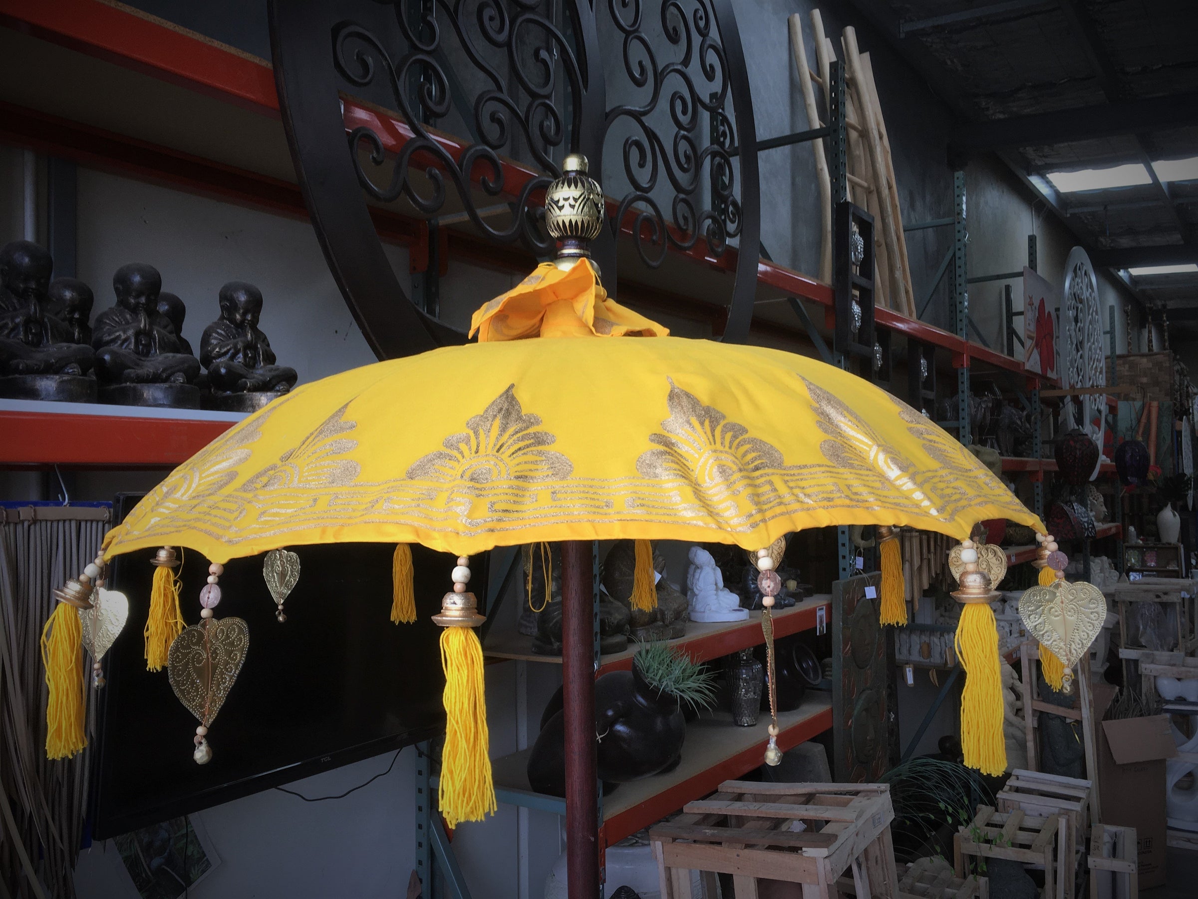 Balinese 100cm Umbrella with Gold Hearts & Tassels