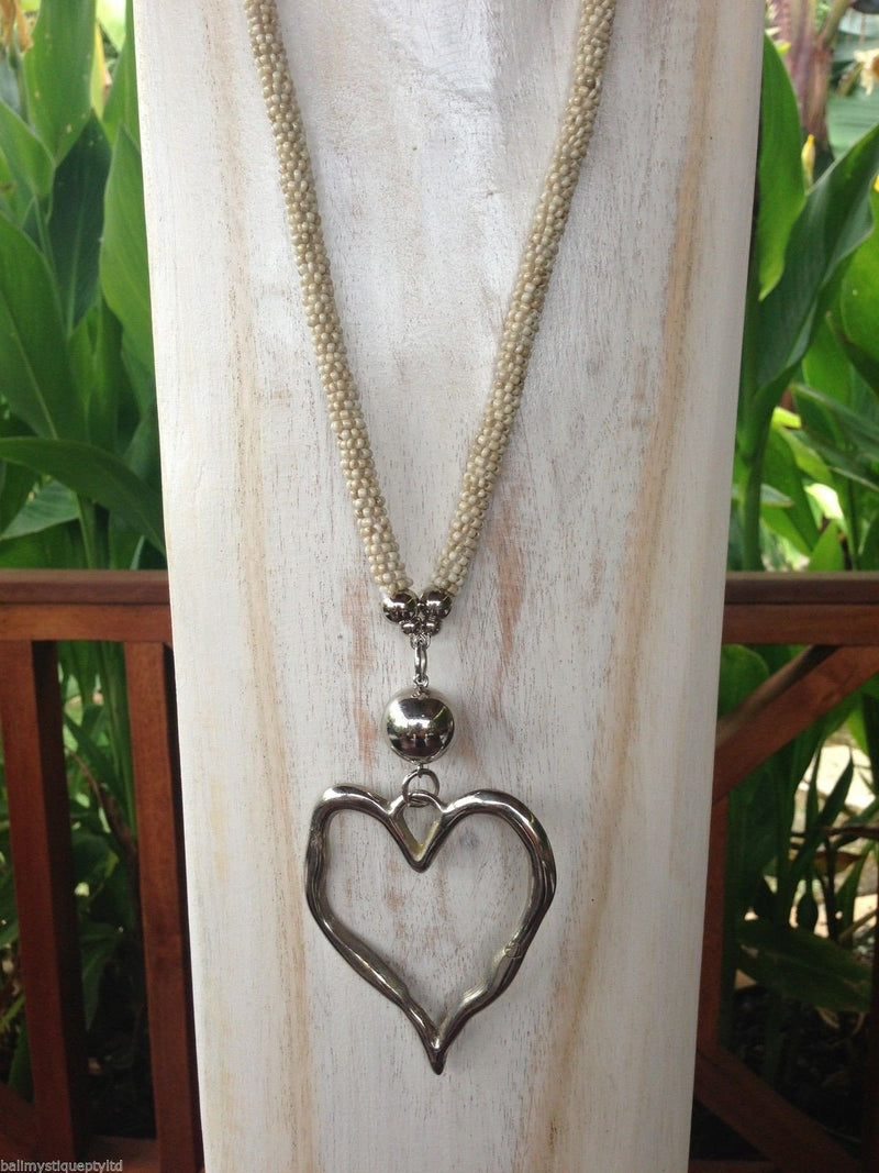 Balinese Handmade Long Bead & Silver Heart Necklace