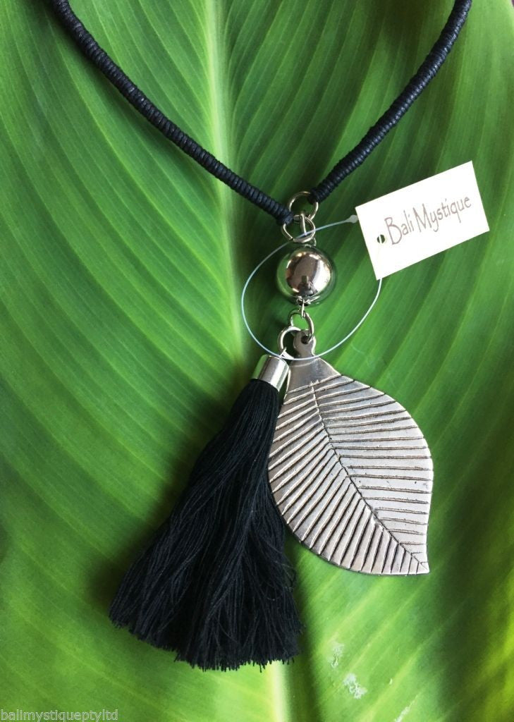 Balinese Handmade Bead & Silver Leaf & Tassel Necklace - Choice of Colour