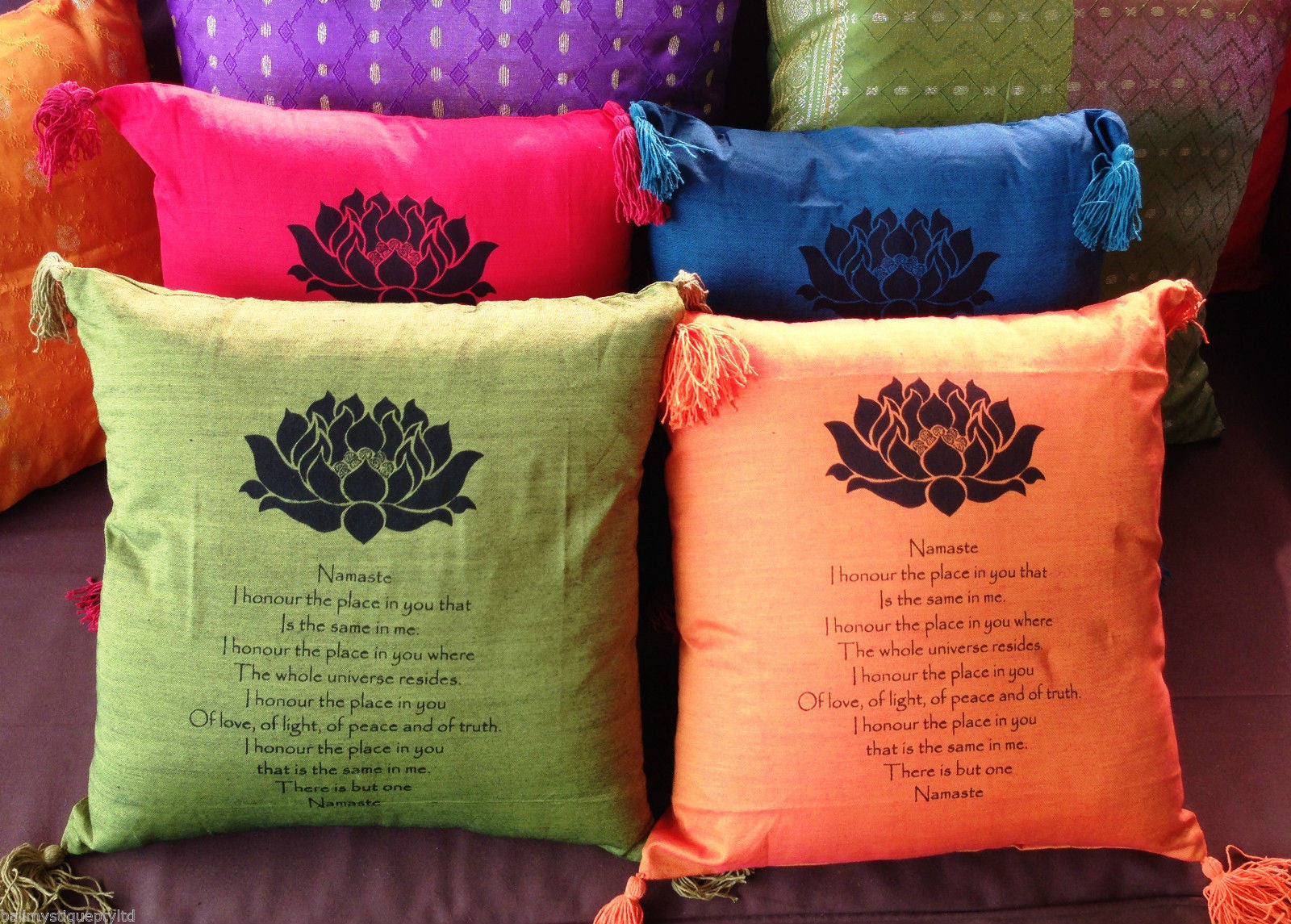 Balinese 40cm NAMASTE Cushion Cover with Tassels