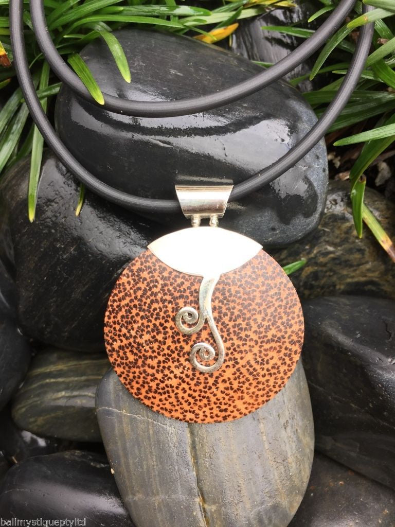 Balinese Coconut Shell Round Pendant with Sterling Silver 925 detail