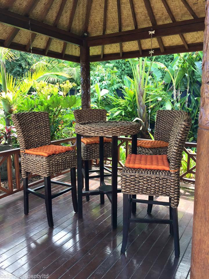 Balinese 5 Piece Mahogany & Water Hyacinth Alfresco Bar Table & Stools