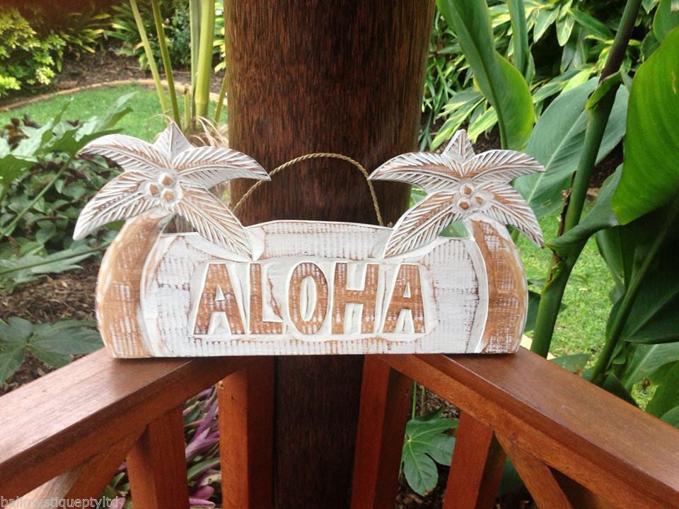 Balinese Timber Wall Plaque Hanging Aloha Palm Tree Sign