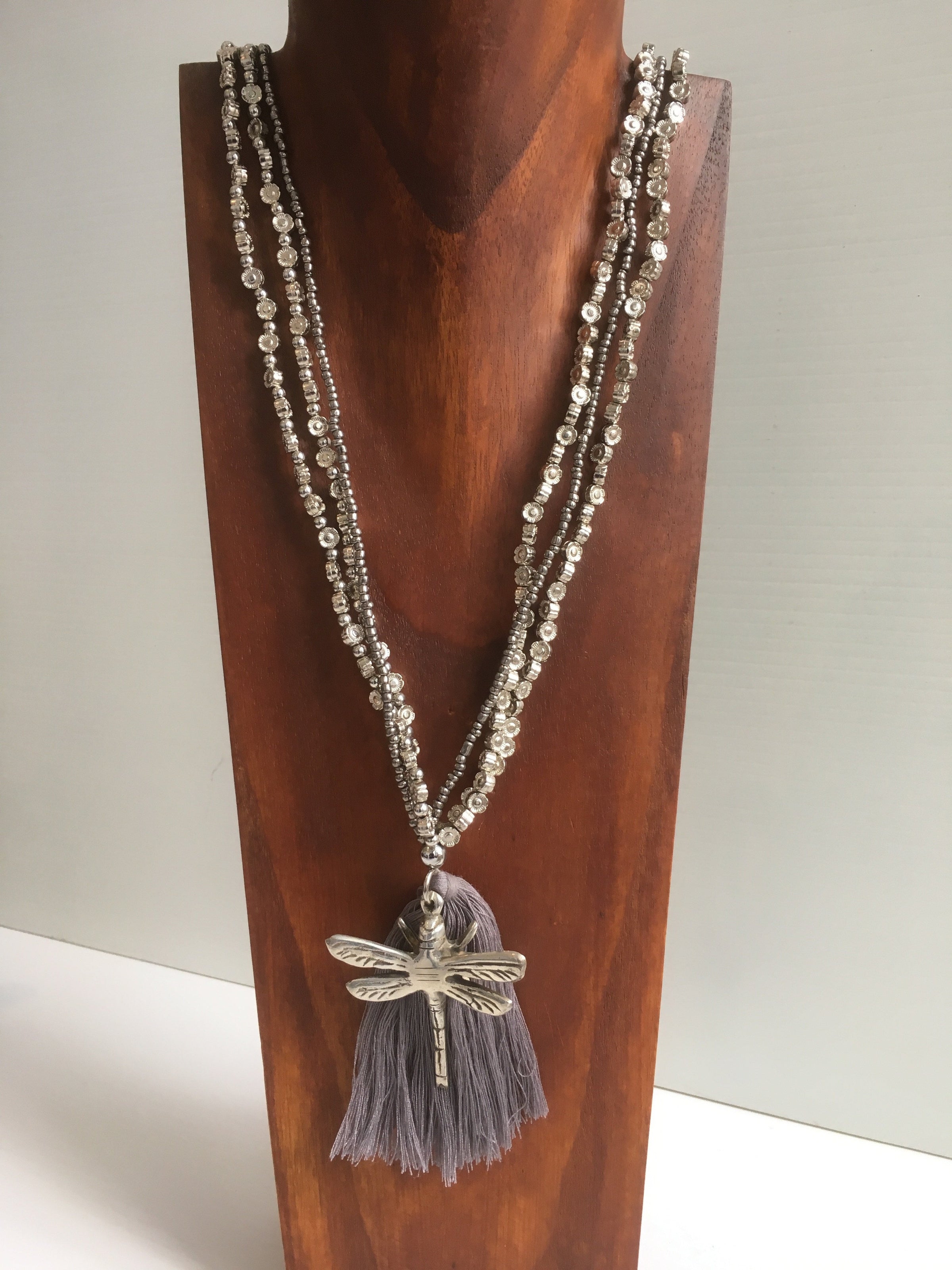 Balinese Handmade Long Bead Dragonfly & Tassel Necklace