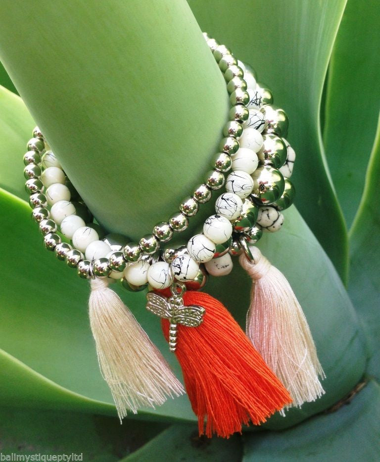 Bohemian Gypsy Bead & Tassel 4 piece Bracelet Set