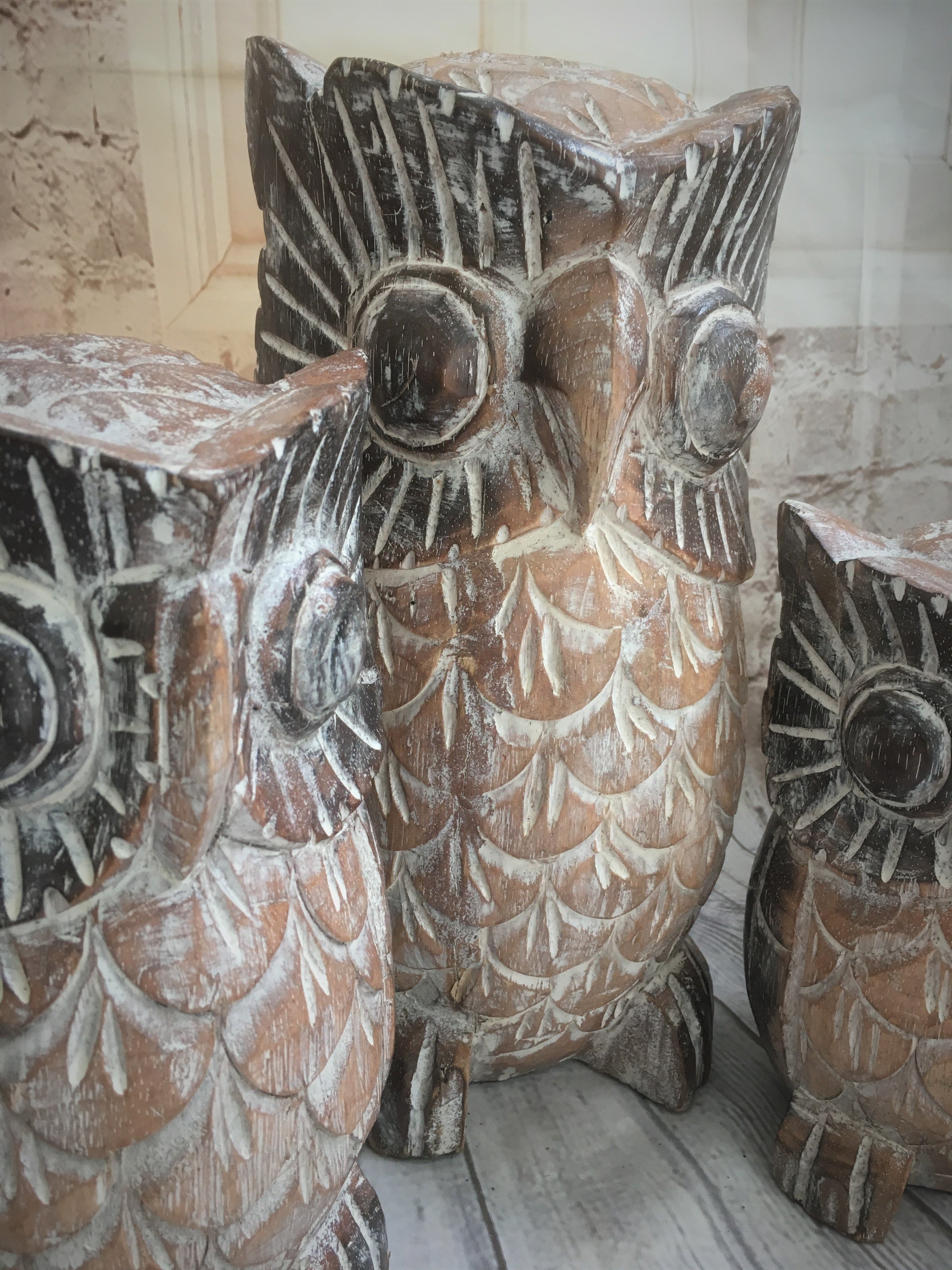 Balinese Hand Carved Timber Wise Owls Set of 3