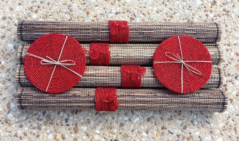 Set of 4 Bali Lidi Stick Placemats  RED Bead Coasters & Napkin Holders