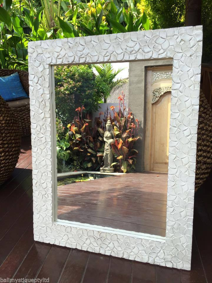 Balinese Whitewash Frangipani Carved Timber Mirror