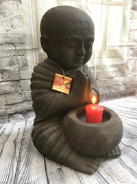 Balinese Casting Baby Buddha Monk Candle Holder Garden Statue