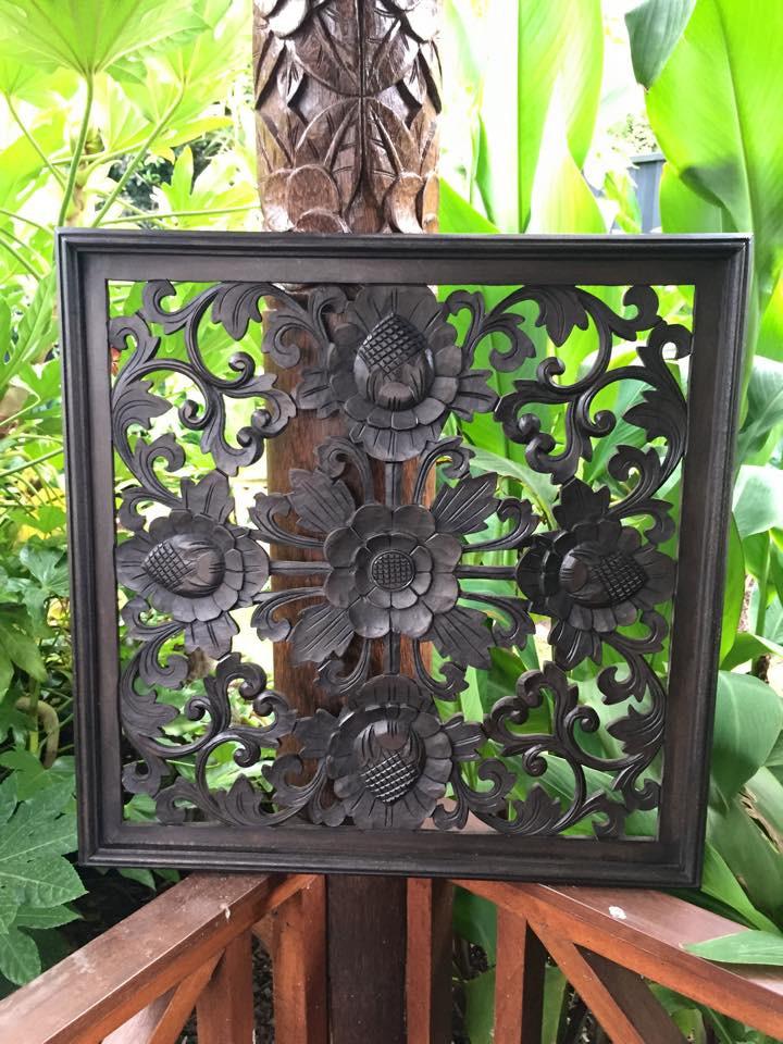 Balinese Hand Carved Timber Decorative Flower Wall Hanging Panel
