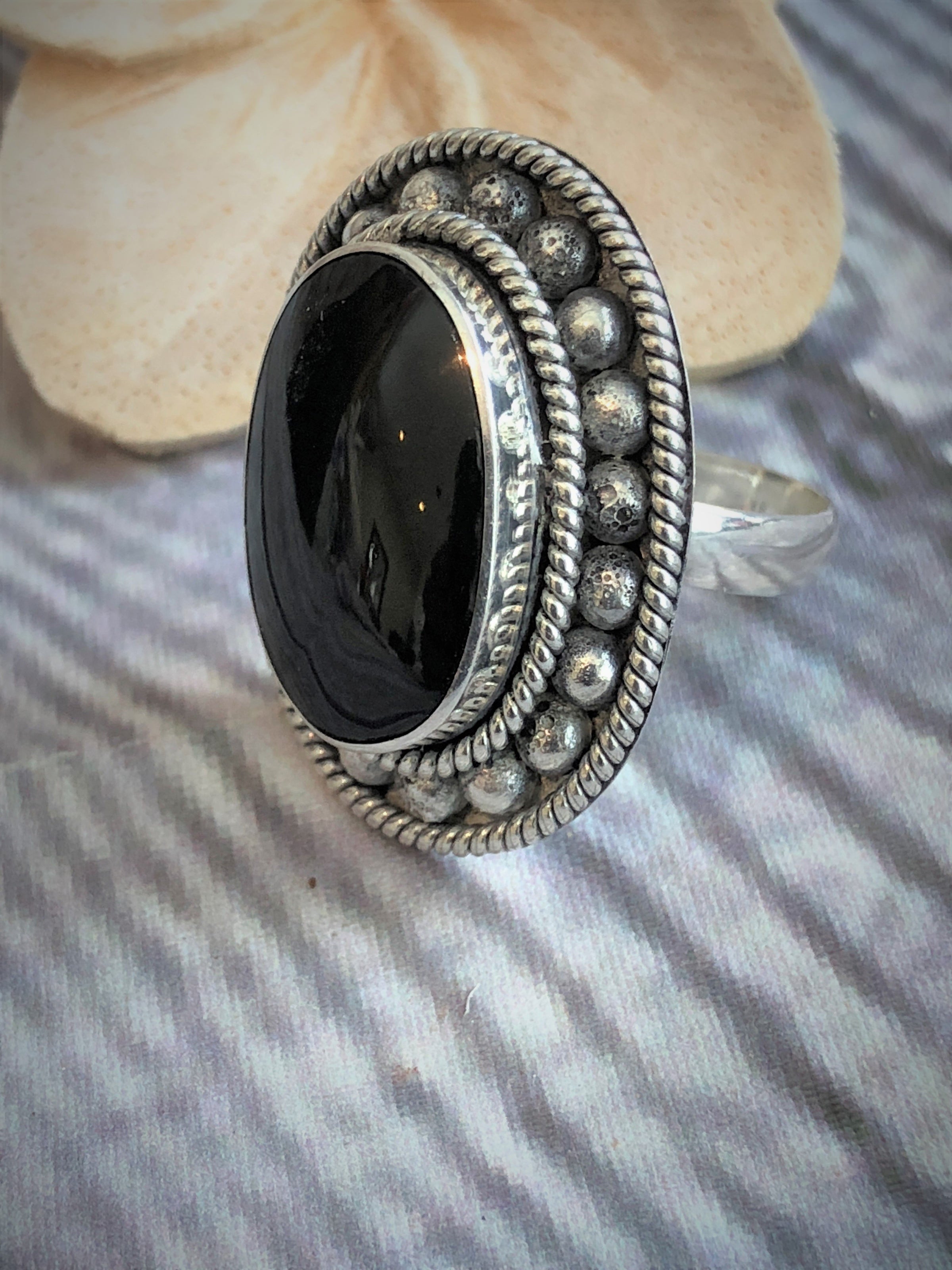 Balinese Sterling Silver 925 Black Stone Ring Gift Boxed