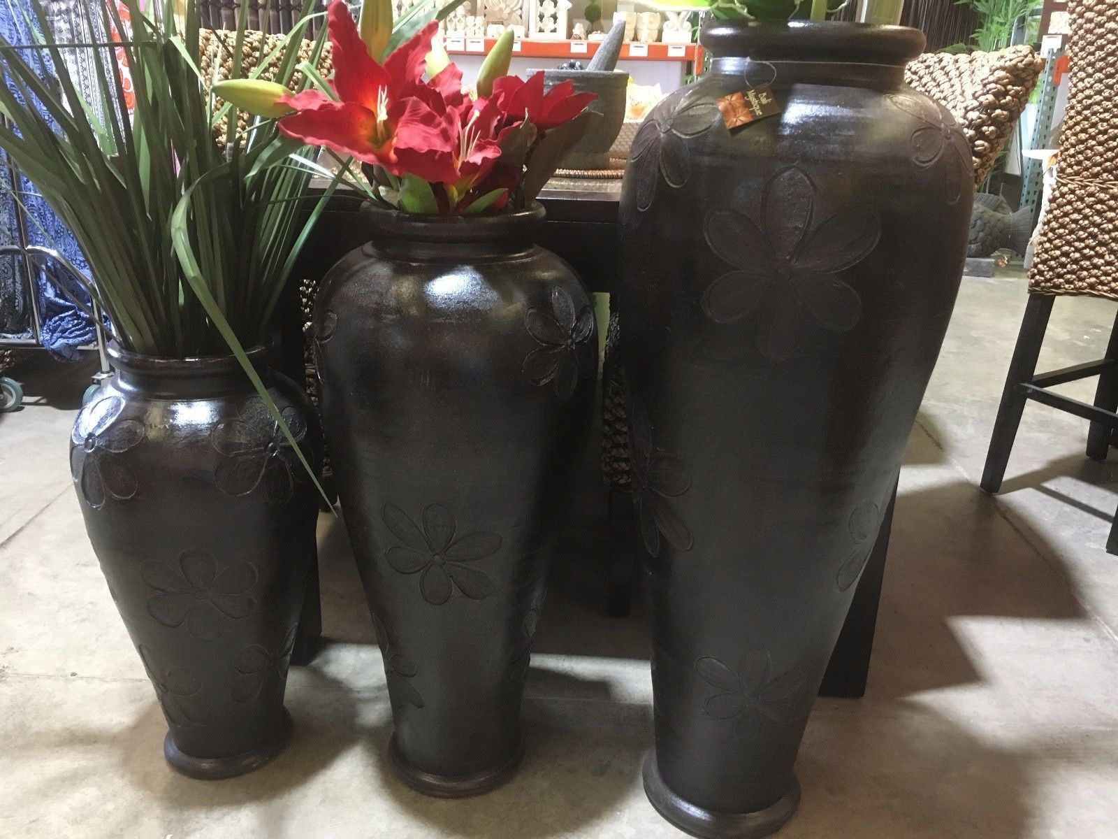 Balinese Terracotta Brown Frangipani Design Vase
