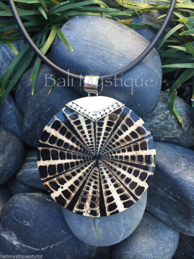 Balinese Black Spider Shell Round Pendant with Sterling Silver 925 Clasp