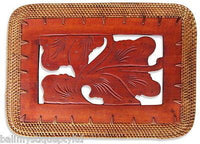 Balinese Rectangle Carved Timber Placemat with a Rattan Edge from Bali