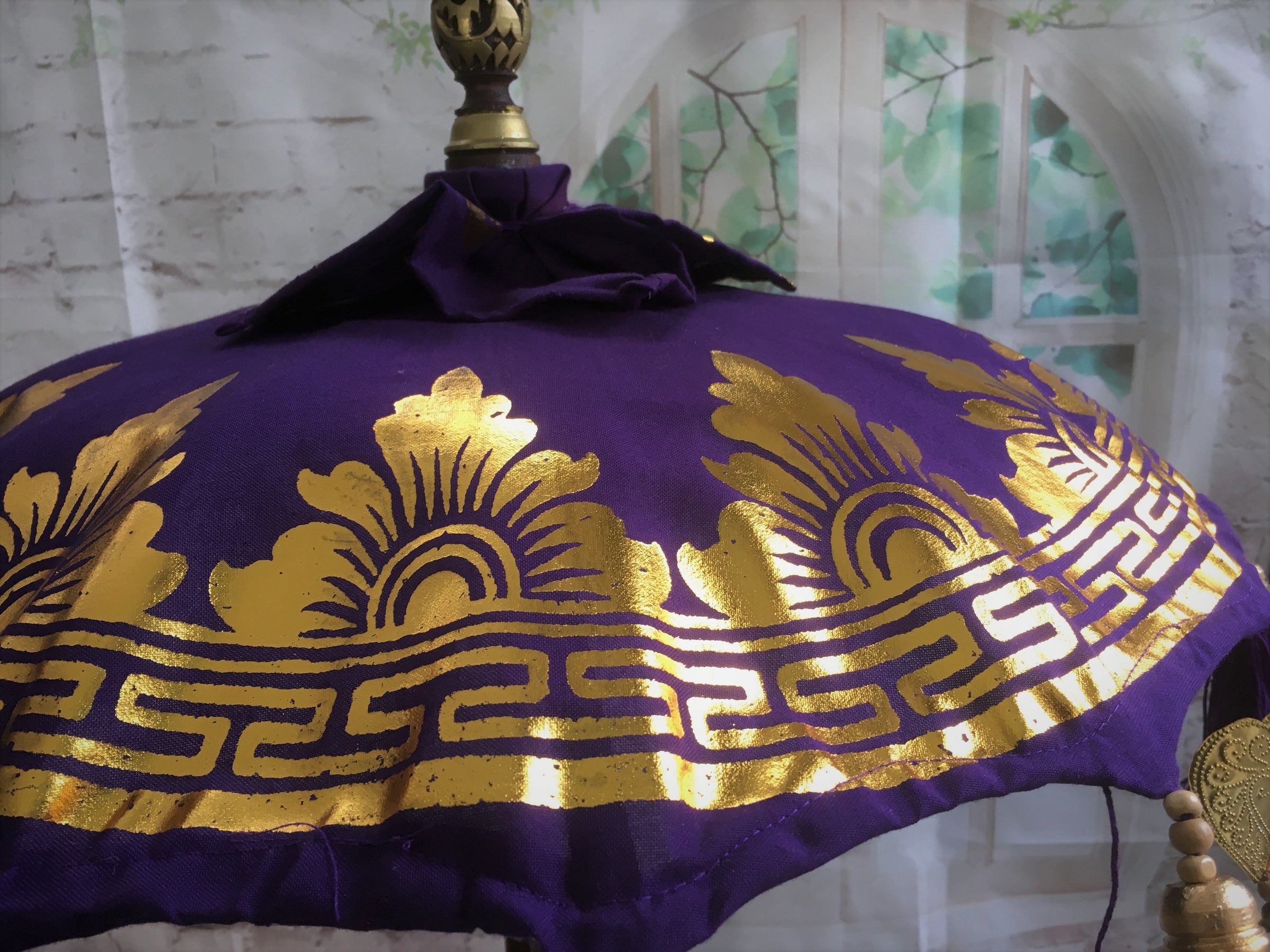 Balinese Table Umbrella with Gold Hearts Bells & Tassels