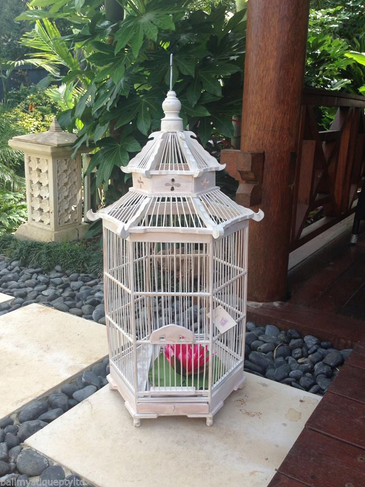 Balinese  Mandale Ornamental White Shabby Bamboo Bird Cage