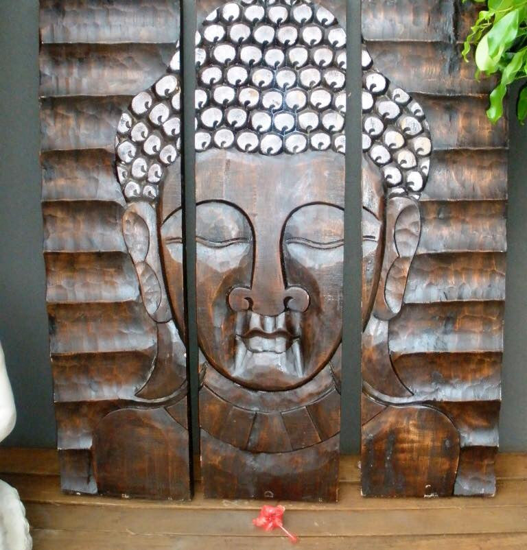 Balinese Large Split Face Buddha Wood Carving Panel Wall Plaque