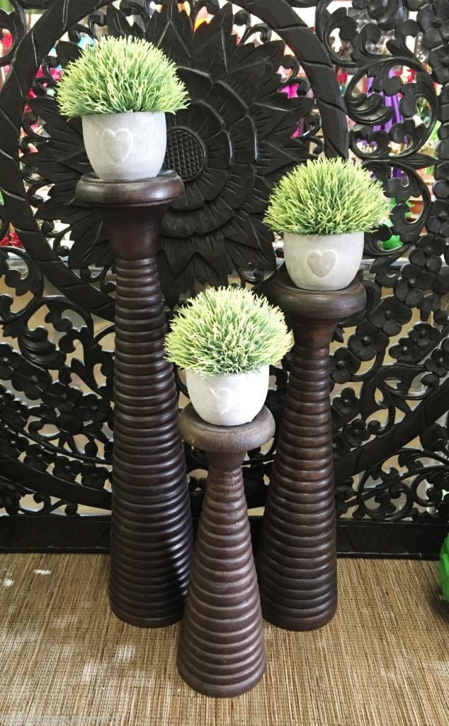 Balinese Brown Carved Timber Candle Holder Set of 3