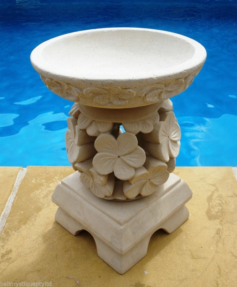 Balinese Hand Carved Limestone Frangipani Ball Pedestal & Bowl