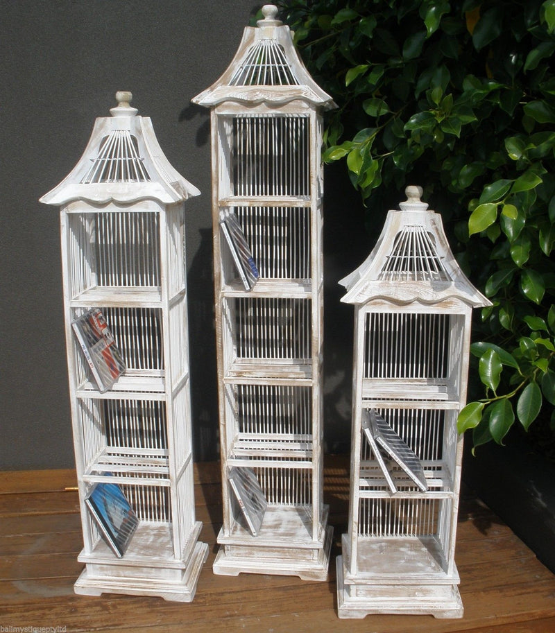 Balinese Whitewash Decorative Bamboo Birdcage CD Holder Shelf Storage