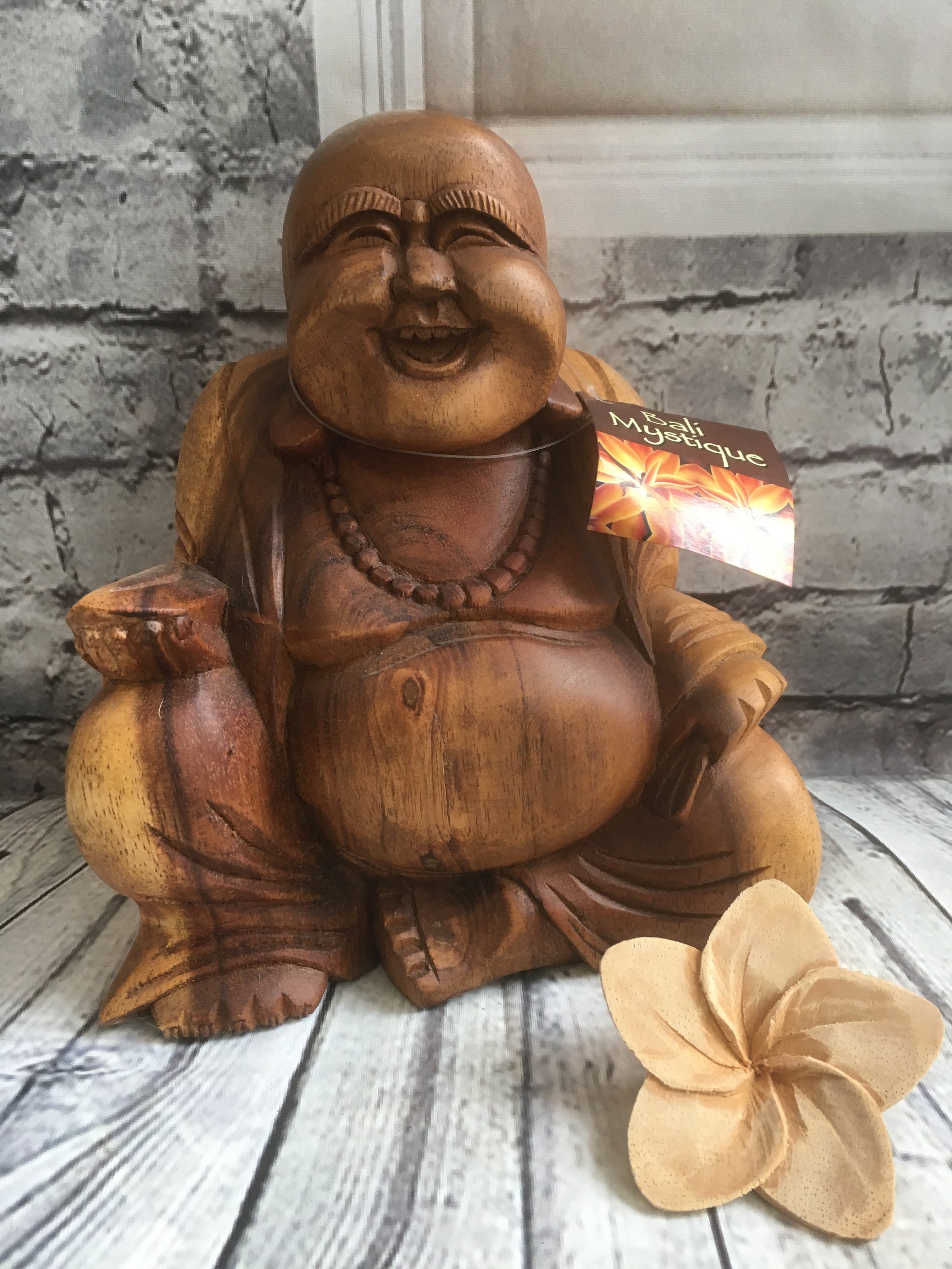 Balinese Feng Shui Hand Carved Lucky Buddha Wooden Statue